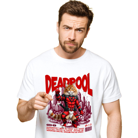 SuperEroi si Personaje TV - Tricou Femei, Barbati, Copii, Fata, Baiat, Unisex Personalizat Pisică Maine Coon în Costum Deadpool – Supererou Amuzant și Personalizat