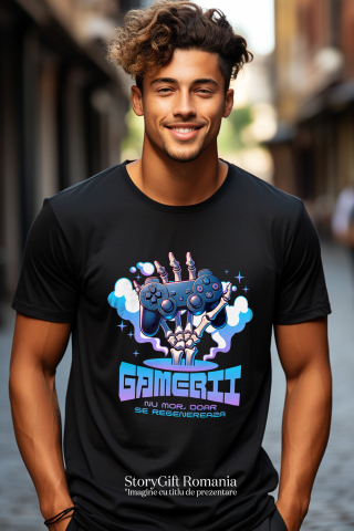 Tricou Femei, Barbati, Copii, Fata, Baiat, Unisex Personalizat Mână Schelet cu Manetă Jocuri Video „Gamerii Nu Mor Doar Se Revanșează” - Cadou Personalizat pentru Gameri și Familie [1]