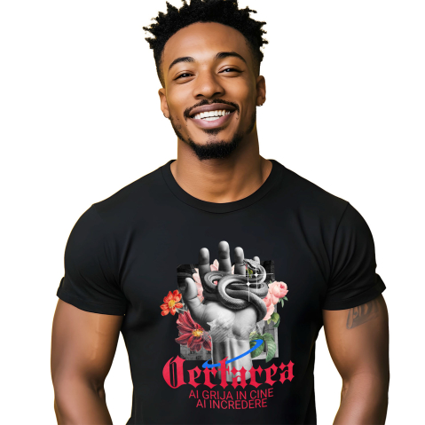 Mixed - Tricou Femei, Barbati, Copii, Fata, Baiat, Unisex Personalizat Mână Umană cu Șarpe Periculos și Flori Colorate – Cadou Personalizat „Iertarea – Ai Grijă în Cine Ai Încredere”