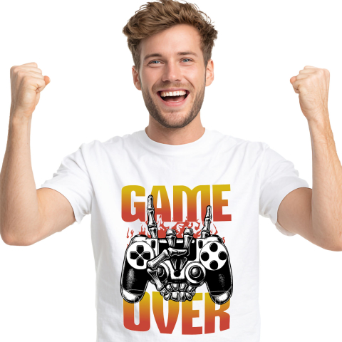 Lume Digitala - Tricou Femei, Barbati, Copii, Fata, Baiat, Unisex Personalizat Manetă Joc Video cu Mâna Schelet „Game Over” - Cadou Personalizat pentru Gameri și Familie