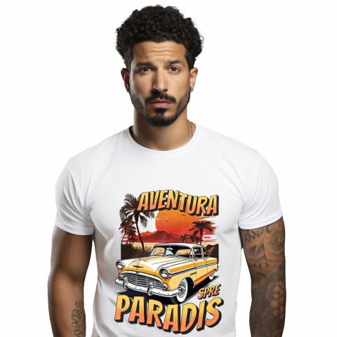 Tricou Femei, Barbati, Copii, Fata, Baiat, Unisex Personalizat Mașină Vintage Galbenă – Aventură Tropicală Spre Paradis