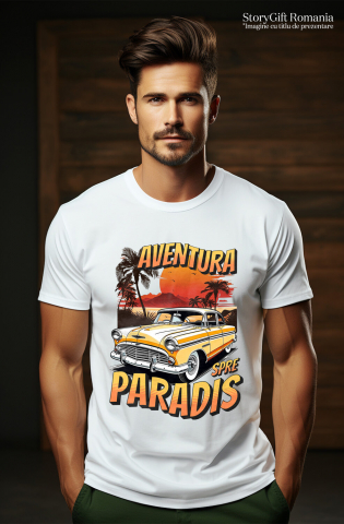 Tricou Femei, Barbati, Copii, Fata, Baiat, Unisex Personalizat Mașină Vintage Galbenă – Aventură Tropicală Spre Paradis [1]