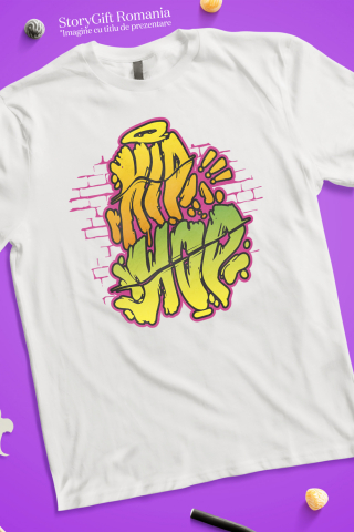 Tricou Barbati Cu Mesaj Hip Hop, Ilustratie Graffiti, Zid, Caramida,  cu imprimeu pe Fata, 100% Bumbac,  Alb, S [2]