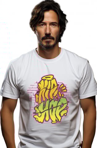 Barbati - Marimea S - Tricou Barbati Cu Mesaj Hip Hop, Ilustratie Graffiti, Zid, Caramida,  cu imprimeu pe Fata, 100% Bumbac,  Alb, S