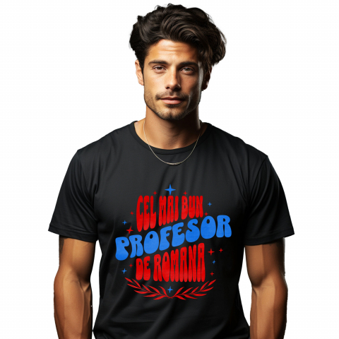 MESERII - Tricou Femei, Barbati, Copii, Fata, Baiat, Unisex Personalizat Profesor de Română – Iluzie Optică cu Stele Colorate – Educație și Pasiune