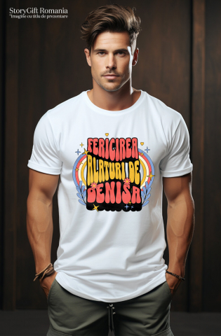 Tricou Femei, Barbati, Copii, Fata, Baiat, Unisex Personalizat „Fericire alături de Denisa” - Mesaj Romantic Personalizat cu Flori Colorate | Cadou pentru Iubită [1]