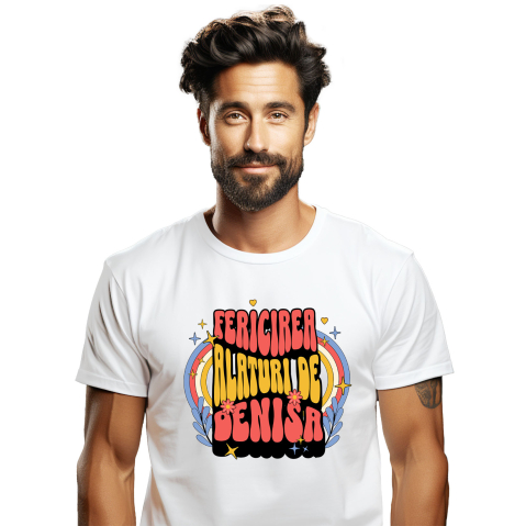 Tricou Femei, Barbati, Copii, Fata, Baiat, Unisex Personalizat „Fericire alături de Denisa” - Mesaj Romantic Personalizat cu Flori Colorate | Cadou pentru Iubită