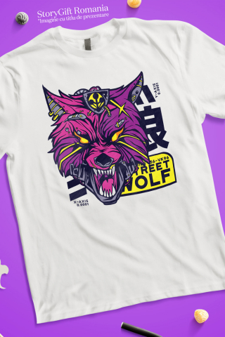 Tricou Barbati Cu Mesaj Street Wolf, Lup, Robot, Mecha, Sci Fi, Colti,  cu imprimeu pe Fata, 100% Bumbac,  Alb, M [1]