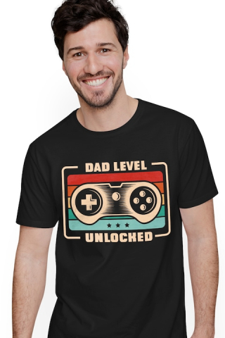 Promotii - Tricou Barbati Cu Mesajul Dad Level Unlocked, Maneta Play Station, Viitor Tatic, De Familie, cu imprimeu pe Fata, 100% Bumbac, Negru, M