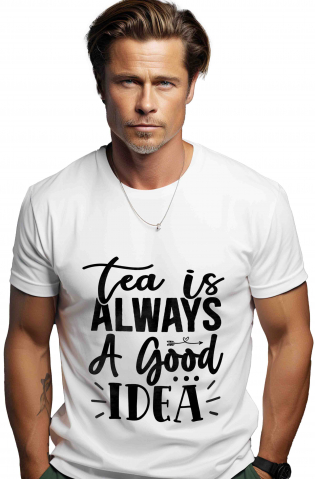 Promotii - Tricou Barbati cu mesajul in engleza "Tea is always a good idea" - ceaiul este mereu o idee buna cu imprimeu pe Fata, 100% Bumbac,  Alb, XL