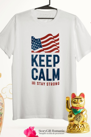 Tricou Barbati Cu Mesajul Keep Calm And Stay Strong, Motivational, Steagul Americii, cu imprimeu pe Fata, 100% Bumbac, Alb, L [2]