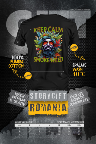Tricou Barbati cu mesajul "Keep calm, smoke weed", stilul hippie, cultura, ilustratie, stai calm, fumeaza iarba, ochelari, frunze, plante, portret de barbat cu Maner Alb cu imprimeu pe Spate, 100% Bum [1]