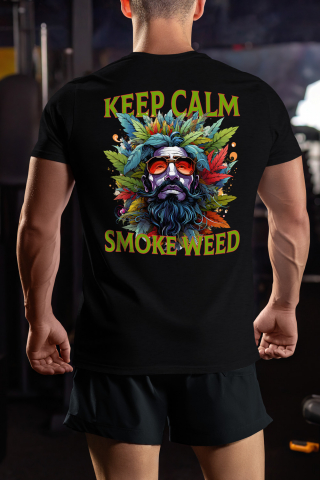 Tricou Barbati cu mesajul "Keep calm, smoke weed", stilul hippie, cultura, ilustratie, stai calm, fumeaza iarba, ochelari, frunze, plante, portret de barbat cu Maner Alb cu imprimeu pe Spate, 100% Bum [3]