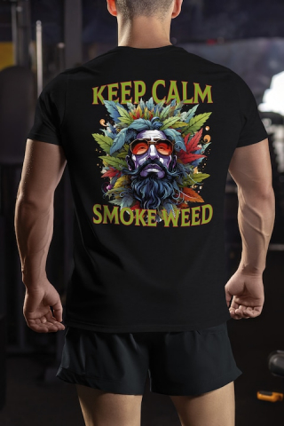 Tricou Barbati cu mesajul "Keep calm, smoke weed", stilul hippie, cultura, ilustratie, stai calm, fumeaza iarba, ochelari, frunze, plante, portret de barbat cu Maner Alb cu imprimeu pe Spate, 100% Bum [1]