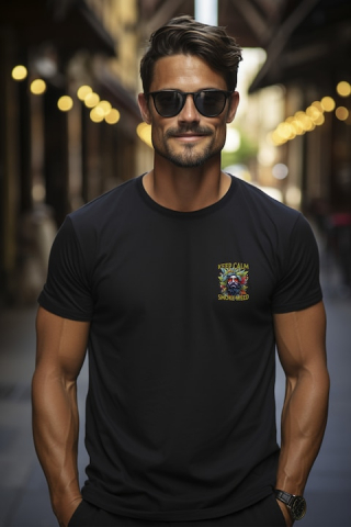 Tricou Barbati cu mesajul "Keep calm, smoke weed", stilul hippie, cultura, ilustratie, stai calm, fumeaza iarba, ochelari, frunze, plante, portret de barbat cu Maner Alb cu imprimeu pe Spate, 100% Bum [2]