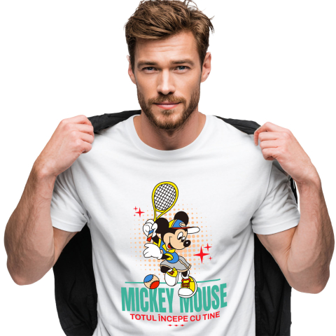 Sport - Tricou Barbati cu Mickey, campionul badmintonului 100% Bumbac, Alb, L