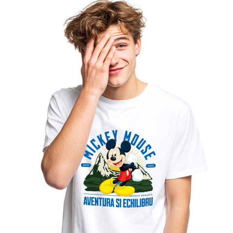 Calatorie - Tricou Barbati cu Mickey Mouse – Calator prin Tinuturi Montane 100% Bumbac, Alb, XL