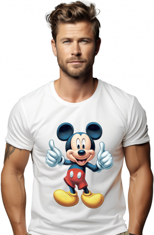 Barbati - Marimea S - Tricou Barbati Cu Mickey Mouse care Zambeste, Incurajare, Motivatie, Copii, Disney, Desene,  cu imprimeu pe Fata, 100% Bumbac,  Alb, S