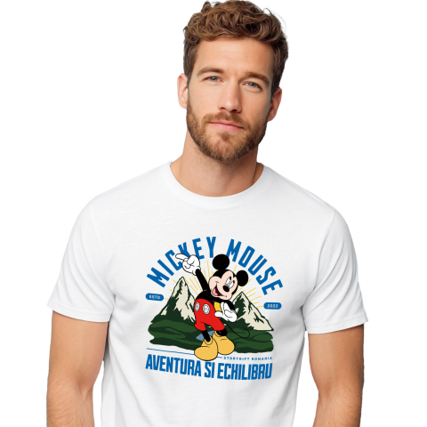 Calatorie - Tricou Barbati cu Mickey Mouse – Explorator Printre Munti 100% Bumbac, Alb, S