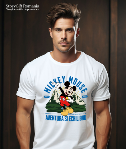Tricou Barbati cu Mickey Mouse – Explorator Printre Munti 100% Bumbac, Alb, S [1]