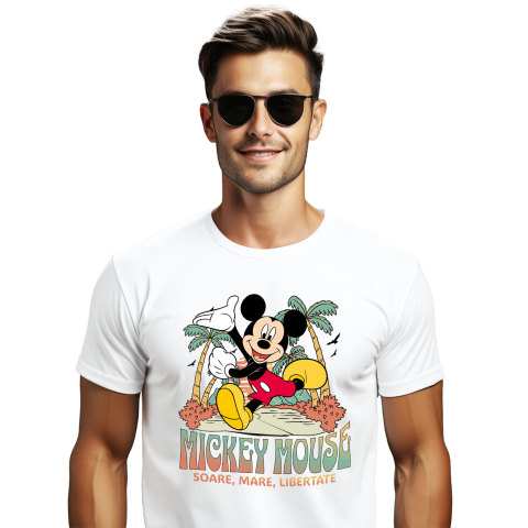 Plaja - Tricou Barbati cu Mickey Mouse la Relaxare sub Palmieri 100% Bumbac, Alb, M