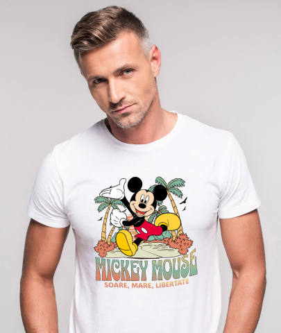 Tricou Barbati cu Mickey Mouse la Relaxare sub Palmieri 100% Bumbac, Alb, M [1]