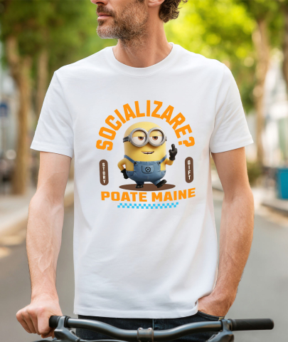 Tricou Barbati cu Minion , Degetul Mijlociu, Socializare? Poate maine, Anti-social 100% Bumbac, Alb, L [1]