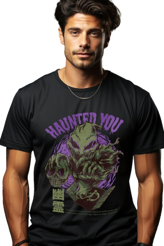 Barbati - Marimea M - Tricou Barbati Cu Monstru Cu Un Craniu Uman In Mana, Text In Engleza Haunted You, Artwork, Ilustratie, Unica, Creativitate, cu imprimeu pe Fata, 100% Bumbac, Negru, M