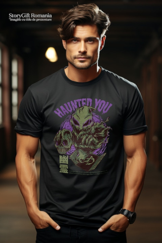 Tricou Barbati Cu Monstru Cu Un Craniu Uman In Mana, Text In Engleza Haunted You, Artwork, Ilustratie, Unica, Creativitate, cu imprimeu pe Fata, 100% Bumbac, Negru, M [1]