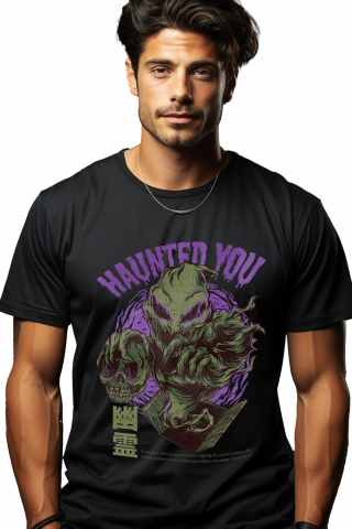 Promotii - Tricou Barbati Cu Monstru Cu Un Craniu Uman In Mana, Text In Engleza Haunted You, Artwork, Ilustratie, Unica, Creativitate,  cu imprimeu pe Fata, 100% Bumbac, Negru, M