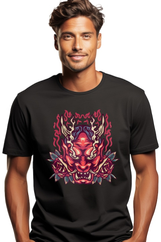 Barbati - Marimea M - Tricou Barbati Cu Monstru, Masca Oni, Flacari, Trandafiri, Frunze, cu imprimeu pe Fata, 100% Bumbac, Negru, M