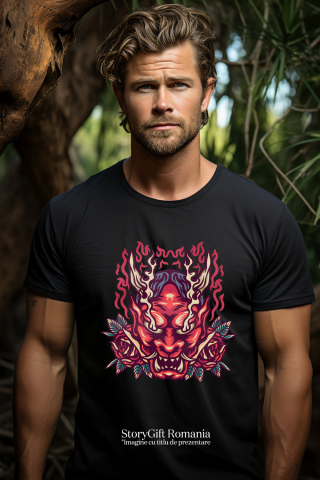 Tricou Barbati Cu Monstru, Masca Oni, Flacari, Trandafiri, Frunze,  cu imprimeu pe Fata, 100% Bumbac, Negru, M [2]