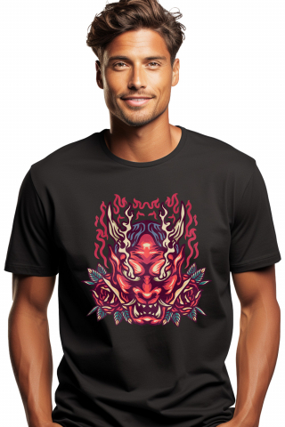 Promotii - Tricou Barbati Cu Monstru, Masca Oni, Flacari, Trandafiri, Frunze,  cu imprimeu pe Fata, 100% Bumbac, Negru, M