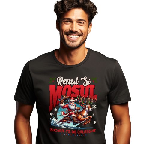 Craciun - Tricou Femei, Barbati, Copii, Fata, Baiat, Unisex Personalizat Moș Crăciun pe Ren Impodobit - Bucură-te de Călătoria Rapidă și Cadouri Personalizate