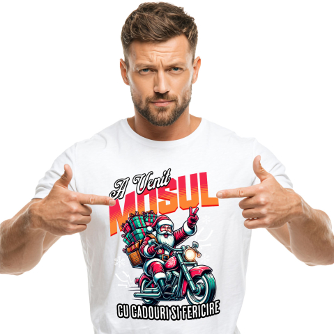 Tricou Femei, Barbati, Copii, Fata, Baiat, Unisex Personalizat Moș Crăciun Cool Pe Motocicletă - A Venit Mosul Cu Cadouri și Fericire