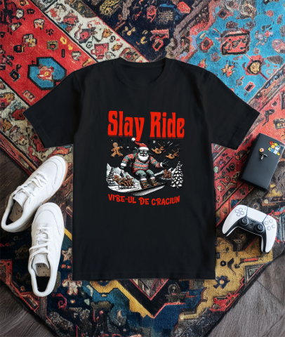 Tricou Femei, Barbati, Copii, Fata, Baiat, Unisex Personalizat Moș Crăciun cu Pulover Haios pe Placǎ Snowboard – Slay Ride și Vibe-ul De Crăciun [2]