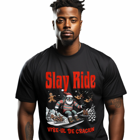 CRACIUN - Tricou Femei, Barbati, Copii, Fata, Baiat, Unisex Personalizat Moș Crăciun cu Pulover Haios pe Placǎ Snowboard – Slay Ride și Vibe-ul De Crăciun