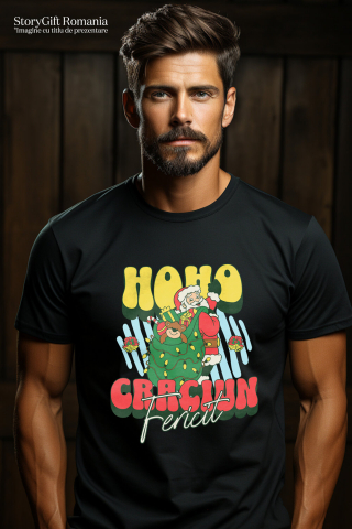 Tricou Femei, Barbati, Copii, Fata, Baiat, Unisex Personalizat Moș Crăciun cu Sac Verde și Cadouri Colorate – Cadouri Personalizate pentru Crăciun Fericit [1]