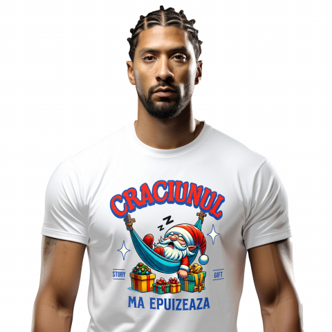 CRACIUN - Tricou Femei, Barbati, Copii, Fata, Baiat, Unisex Personalizat Moș Crăciun Extenuat în Hamac cu Cadouri Colorate – Cadouri Personalizate pentru Crăciun Haios