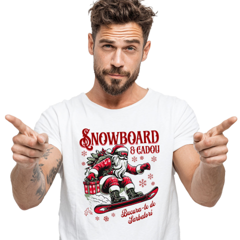 Tricou Femei, Barbati, Copii, Fata, Baiat, Unisex Personalizat Moș Crăciun pe Snowboard cu Cadou – Cadouri Personalizate pentru Sărbători De Neuitat