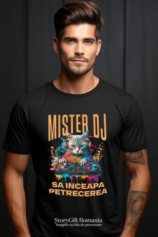 Tricou Femei, Barbati, Copii, Fata, Baiat, Unisex Personalizat "Motan DJ Cu Casti Audio - Distracție Petrecere, Muzică și Zi Aniversară" [1]