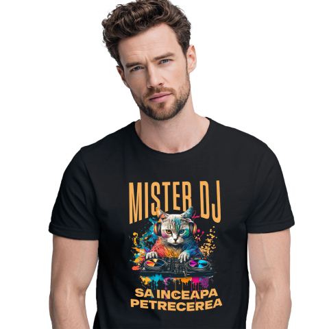 Tricou Femei, Barbati, Copii, Fata, Baiat, Unisex Personalizat "Motan DJ Cu Casti Audio - Distracție Petrecere, Muzică și Zi Aniversară"