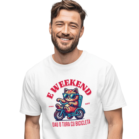 Tricou Femei, Barbati, Copii, Fata, Baiat, Unisex Personalizat "Motan Cu Ochelari De Soare Pe Tricicletă - Weekend Plimbare cu Bicicleta"