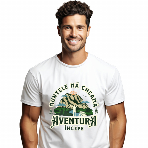Tricou Femei, Barbati, Copii, Fata, Baiat, Unisex Personalizat "Munte Înalt Cu Cort – Aventura Începe La Munte"