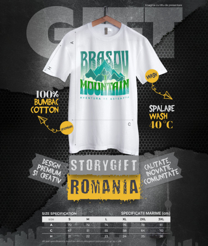 Tricou Femei, Barbati, Copii, Fata, Baiat, Unisex Personalizat "Aventura Montană în Brașov – Munte Înalt și Siluetă Umană Pe Stâncă" [3]