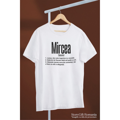 Tricou Barbati Cu Numele Mircea, Amuzant, Lenes, Haios, Funny, Personalizat, Cadou cu imprimeu pe Fata, 100% Bumbac, Alb, M [2]