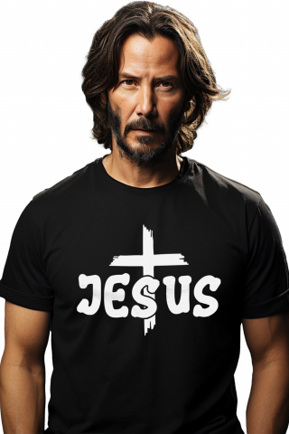 Promotii - Tricou Barbati cu o cruce si textul "Jesus" - Iisus pocainta bunatate cu imprimeu pe Fata, 100% Bumbac, Negru, S