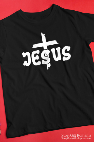 Tricou Barbati cu o cruce si textul "Jesus" - Iisus pocainta bunatate cu imprimeu pe Fata, 100% Bumbac, Negru, S [2]