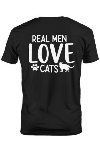 Barbati - Marimea S - Tricou Barbati cu o pisica si textul "Barbatii adevarati iubesc pisicile" cu imprimeu pe Spate, 100% Bumbac, Negru, S