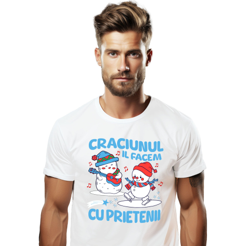 Prieteni - Tricou Femei, Barbati, Copii, Fata, Baiat, Unisex Personalizat Crăciun cu prietenii – Cadouri personalizate cu oameni de zăpadă, patinaj și cântăreț la chitară